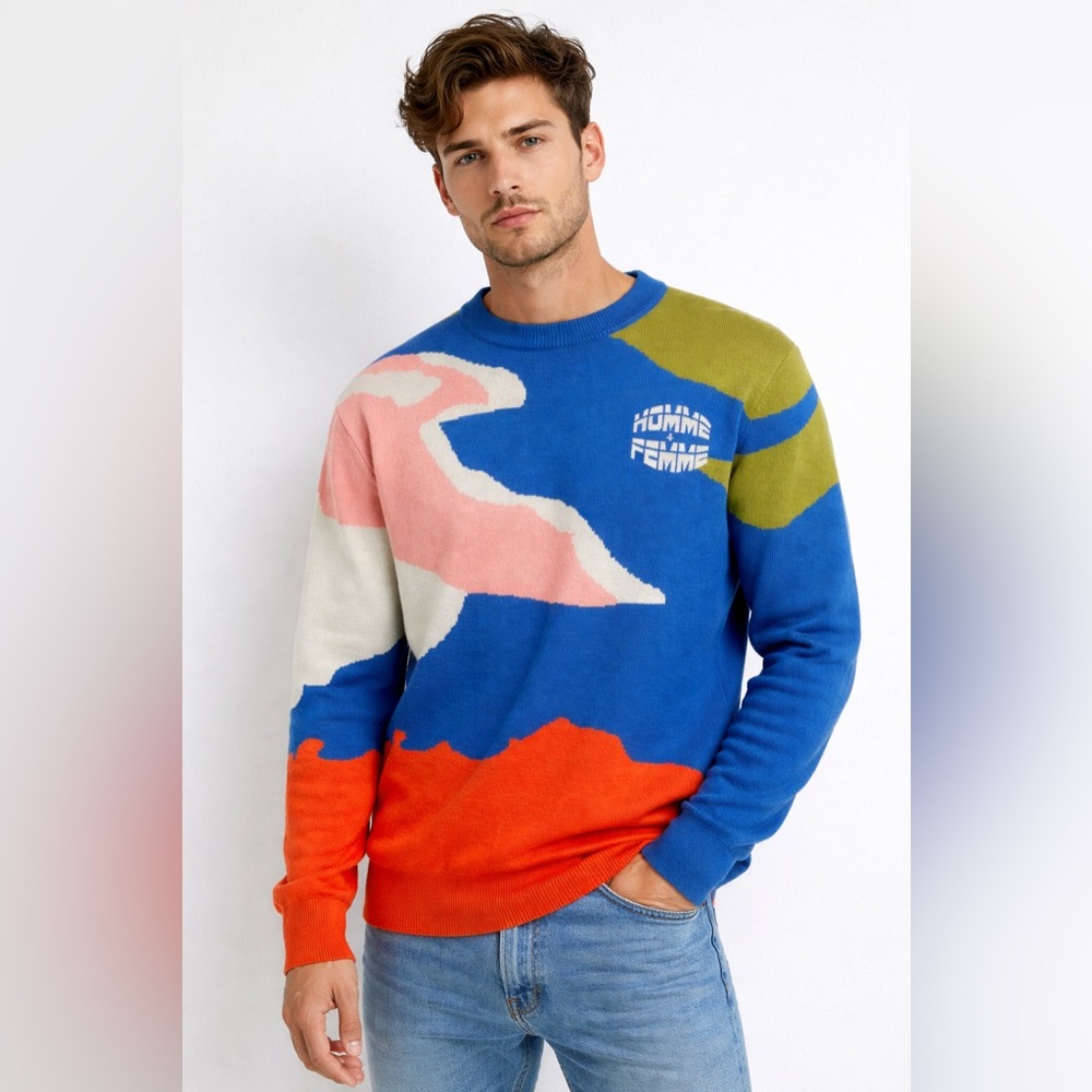 NWOT Homme + Femme Abstract Camo‎ Knit Sweater Blue Orange Streetwear Size L